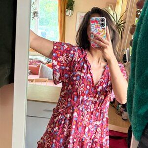 Anthropologie Robin Tiered Mini Dress Raspberry Pink Floral Leopard Print Size S